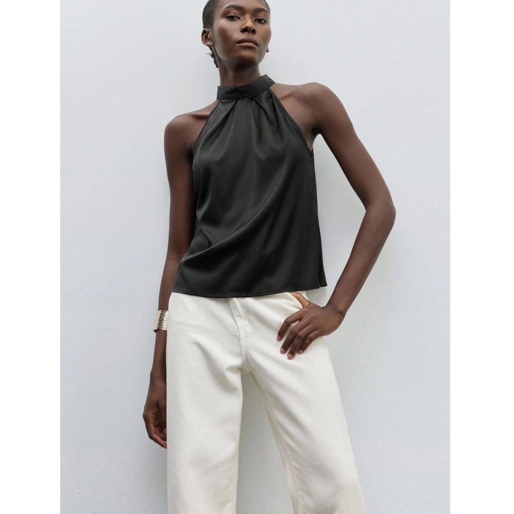 Black Satin Halter Blouse Top - Picture 5 of 8